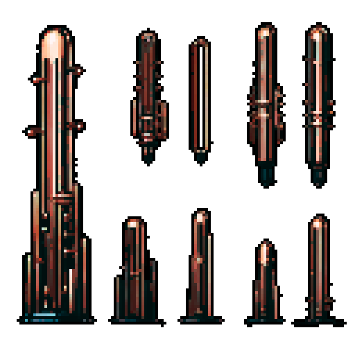 I want a tall vertical copper structure reminiscent of a organ pipe. It should have strange mechanical details that could interlock with each other. I also want this object usable an asset in a videogame, meaning only one object per image, outlined with a strong black stroke, on a solid-color background.