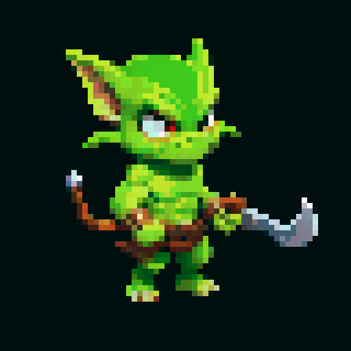 A stronger, more battle-ready goblin with sharper features, armor pieces, and a better-crafted weapon. It has a fierce expression and a muscular build. No background.
