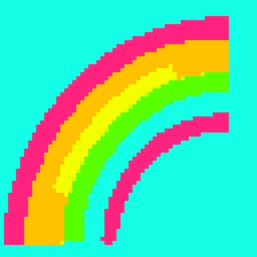 Pixel art of a cute, chubby cat with big round eyes, sitting on a vibrant green grass field surrounded by colorful flowers and a clear blue sky with fluffy white clouds