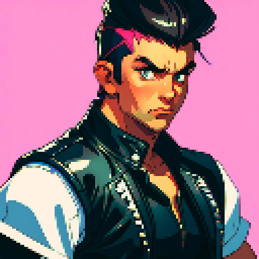 semi muscular greaser with pompadour and leather vest, 8-bit pixel art, vibrant sRGB colors, retro arcade game style