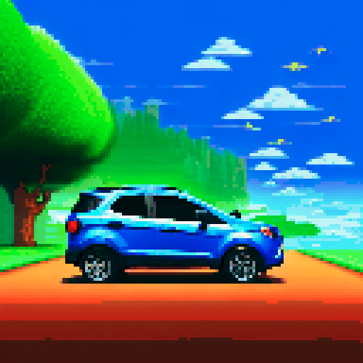 Photorealistic, centered Ford Ecosport in a three quarter view, right wheel in front, clean background, pixel art style with sRGB colors