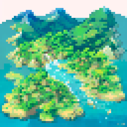 natural ridge in foreground, background consisting of dense vegetation, such as subtropical and temperate forests, cover for hunting, hilly and mountainous areas with suitable terrain for its stealthy hunting behavior, side scrolling game art, 8 bit pixel art, hard corner square pixels, 72 x 72 pixels, 32 color