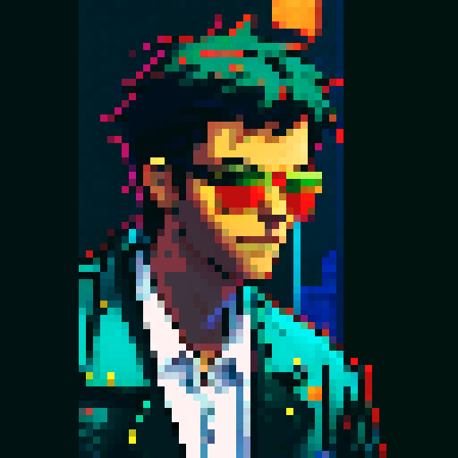 cool guy wearing sunglasses, standing in front of a vibrant pixel art cityscape, with neon lights illuminating the sRGB color palette
