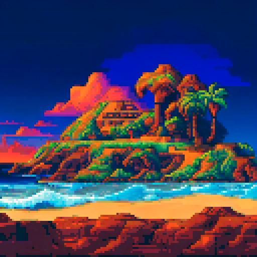 Robot turtles, vibrant colors, pixelated waves, rocky cliffs, palm trees, sunset sky, sandy beach, sparkling ocean, seagulls flying, tropical paradise, sRGB, background, landscape