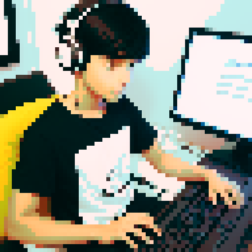 A young man with brown eyes and black hair is playing a game on a computer. He wears a white short-sleeved t-shirt and has Bluetooth headphones in. There's a steaming cup of tea beside him. His keyboard , mouse and the computer is relatively new. He has only one monitor, keyboard, and mouse. His face is focused on the screen.