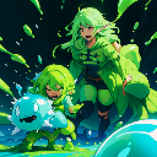 slime surging up around someone, slime engulfing a hero, slime consuming a hero, hero getting engulfed by slime, slime attack, dynamic, slime slamming into someone, impact, splashing slime, full-body image, full-body art, hero's hair and clothing color vary