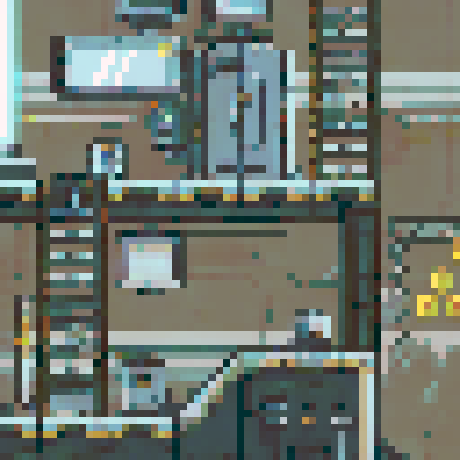 run-down, apocalyptic atmosphere, pixel art, inside of a Futuristic robot factory, sRGB, pixel art, background, landscape, dilapidated machinery, sparks flying, smog-filled air, towering metal structures, cracked concrete floors, flickering neon lights, rusted conveyor belts, broken windows, shattered glass, discarded robot parts, overgrown vines, eerie shadows, abandoned control panels