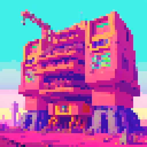 retro-futuristic excavation building, vibrant and neon colors, towering structures, mechanical cranes, robotic workers, dusty wasteland, pixelated landscapes, futuristic technology