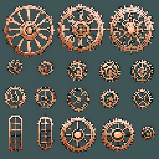 I want a copper gear that looks like it was made by a master clockmaker. It should have strange mechanical details that could interlock with each other. I also want this object usable an asset in a videogame, meaning only one object per image, outlined with a strong black stroke, on a solid-color background.