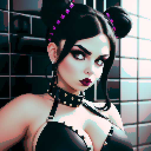 curvy, busty goth girl with studded collar, wearing halter top, hair in buns, in a full face portrait with a glamour shot aesthetic, against a moody tile backsplash, capturing an edgy pixel art style in sRGB