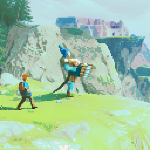 Blue bird man on cliff, human nearby, holing accordion