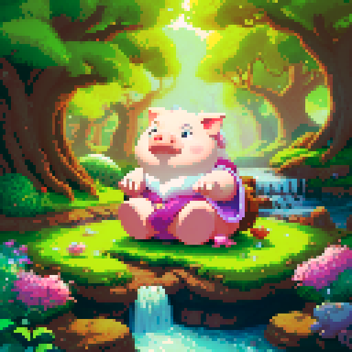 wise pig character with a long white beard, wearing a flowing robe, sitting under a towering oak tree, next to a small stream flowing through a lush, enchanted forest, surrounded by mystical creatures and glowing flowers, in a vibrant and detailed fantasy RPG art style