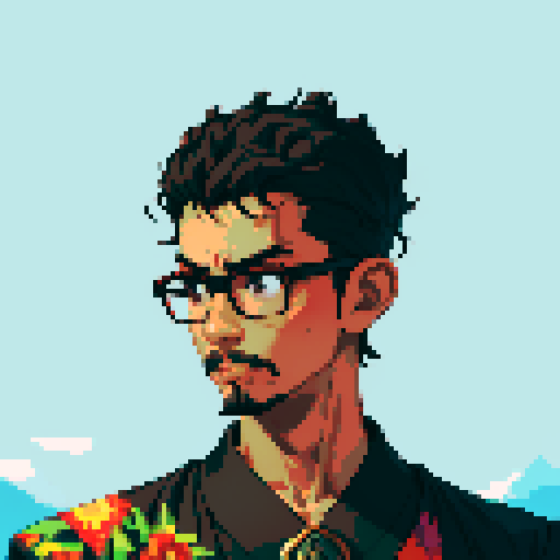 Southeast Asian man, short curly hair, round glasses, tanned, goatee, diamond shaped face, black eyes, age 25, wearing a robe
