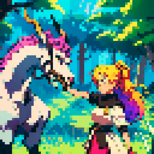 Two people, focused and determined, collaborating on a project with vibrant colors, intricate details, and a pixel art style, bringing their creative vision to life with each stroke and pixel