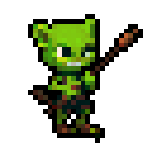 A small, green-skinned humanoid creature with pointy ears, sharp teeth, and a crude wooden club. It wears ragged clothes and has a mischievous expression on its face.
