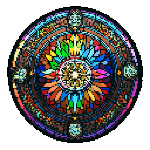 I want a beautiful circular stained glass window in all the colors of the rainbow. It should be simple, having no more than 10 glass segments total. I want this object usable an asset in a videogame, meaning only one object per image, outlined with a strong black stroke, on a solid-color background.