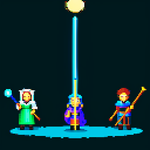 three men, archmage and his apprentices , magic staff, light at the archmage, dark place, king with staff, cant see eyes, eyes in shadow