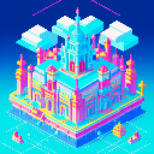 floating palace, cyan sky, vibrant colors, retro video game, isometric view, 8-bit graphics, glowing windows, towering spires, reflective water, pixelated clouds, fantastical architecture, neon lights, bustling activity, surreal landscape