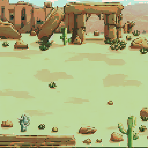 Arid desert terrain with sandy ground, scattered rocks, and patches of green cactus and shrubs. Ruins of ancient stone structures, including broken pillars, stand amidst dry, leafless trees. A backdrop of eroded cliffs and distant buildings adds depth, with warm, earthy tones dominating the scene under a pale sky.