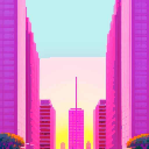 super cute pink aesthetic, sunset in the city, skyscrapers