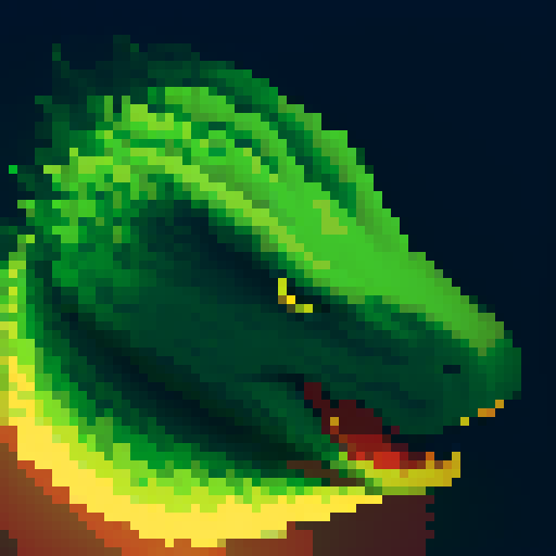 key-shaped pixel art T-rex head, vibrant green and sharp-edged, with glowing yellow eyes, fierce expression, and detailed scales