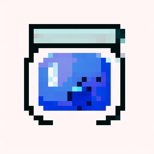 "Create a whimsical close-up portrait of a charming, smiling magic jar character with one big white left eye, a sliver lid, and shiny glass jar - rendered in a playful pixel art style with a vibrant, crisp, simple color palette and clean vector shading that would make for a perfect game icon."
