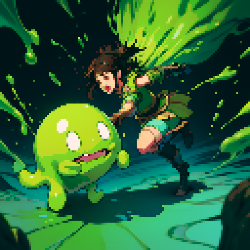 slime surging up around someone, slime engulfing a hero, slime consuming a hero, hero getting engulfed by slime, slime attack, dynamic, slime slamming into someone, impact, splashing slime, full-body image, full-body art, metal armor, brown hair