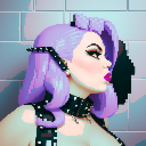 Side view of curvy, busty goth babe with studded collar. Full face portrait, 
 glamour shot. tile backsplash. Edgy aesthetic 