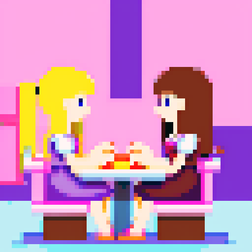 long blonde hair, pink apron, brown hair, purple dress, sitting down, facing each other, nail salon, pixel art, sRGB