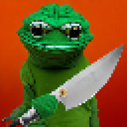 Pepe with a knife or sword, looking like it’s chasing others out.
