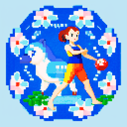 Rose, a warm and empathic person, practicing yoga, swimming, and krav maga, surrounded by pixel art flowers in shades of blue, while studying agricultural sciences, with her favorite Pokemon, Piplup, and a majestic malamute by her side