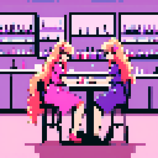 Nail tech with long blonde hair wearing a pink apron and a girl with brown hair wearing a purple dress sitting down facing each other at a table in a nail salon. 