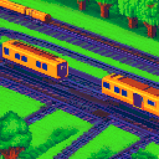 Side view of moving train exterior, pixel art, 16-bit retro game style, colorful modern train wagons in blue red yellow scheme, detailed windows with passenger silhouettes inside, urban subway train design, railway tracks below with steel rails and wooden sleepers, city buildings and skyscrapers in background layers for parallax scrolling, overhead electrical cables and signals, side-scrolling endless runner background.
