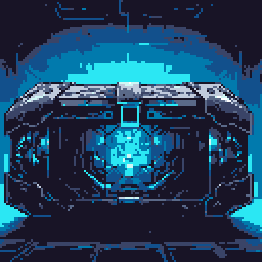 mystery box, stone, metall, shiny, pixel art, sRGB, vibrant colors, glowing lights, intricate patterns
