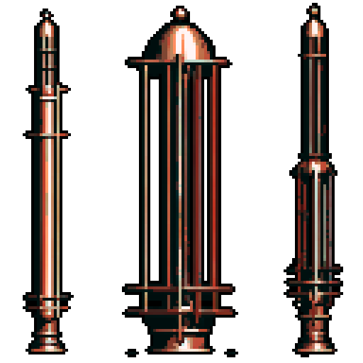 I want a tall vertical copper structure reminiscent of a organ pipe. It should have strange mechanical details that could interlock with each other. I also want this object usable as an asset in a videogame, meaning only one object per image, outlined with a strong black stroke, on a solid-color background.