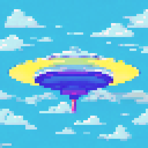 wide, silver flying saucer, with small yellow glowing lights, viewed from below at an angle