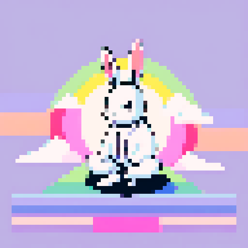 A white rabbit meditating on a rainbow background