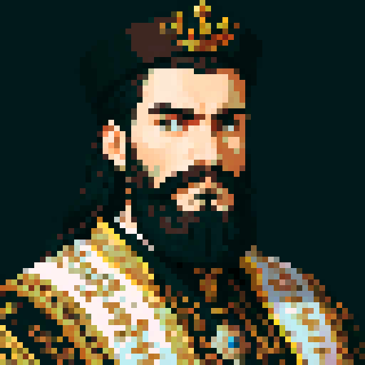 king, regal, black crown, majestic, stoic expression, sharp features, beard, silver accents, royal robe, intricate embroidery, game icon, 32x32 pixel art, sRGB, skill art, close up, portrait