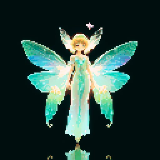 A delicate, fairy-like creature with translucent wings, a body adorned with blooming flowers, and glowing eyes. It has a serene expression and emits a soft, magical light. It moves gracefully through the air. No background.
