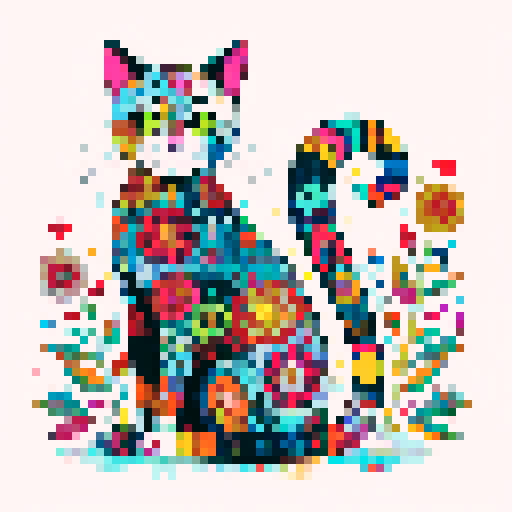 sitting, very colorful cat, with dots, flowers, patterns, fantasy style, white background