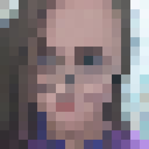 girl with glasses, pixelated close-up, game icon style, 16x16, vibrant colors, expressive eyes, whimsical hair, retro vibe