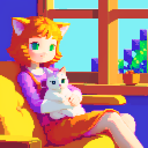 person with a cat on their lap, vibrant colors, blocky pixels, retro aesthetic, warm and cozy setting, soft lighting, expressive cat poses, meticulous attention to detail, intricate pixel patterns, nostalgic video game vibes, playful interaction between person and cat, harmonious sRGB color palette