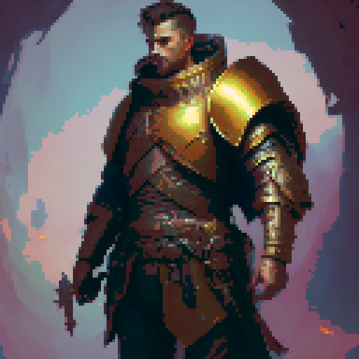 crusader, knight, paladin, two-handed sword, greatsword, heavy armor, confident stance, muscular build, armored helmet, deep red and gold armor, detailed sword, both hands on sword