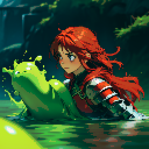 hero sinking into slime, hero drowning in slime, hero has red hair, hero has silver armor