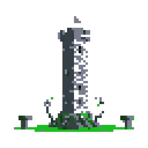 2d grey stone tower in an ancient english style. Old and crumbling but still upright. Green vines crisscross it. Usable as an asset (clear, thick lines and a white background). Put a black stroke around the composition