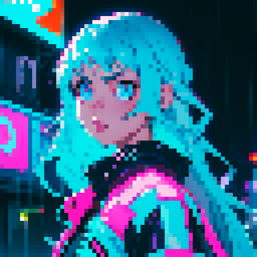 cute character with big, expressive eyes, long blue hair, vibrant neon colors, pixel art aesthetic, futuristic cityscape filled with towering skyscrapers and holographic billboards, glowing neon signs reflecting off rain-soaked streets, characters wearing edgy, futuristic fashion, dramatic lighting casting long shadows, intricate circuitry and glowing cybernetic, landscape portrait