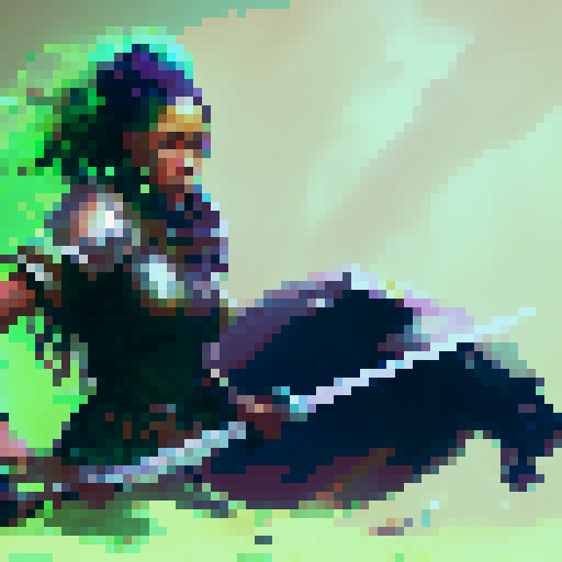 female warrior, vibrant green hair with braids, large sword, fantasy RPG