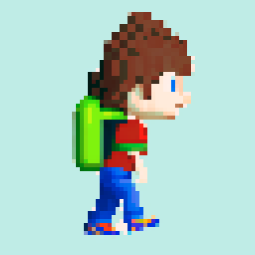 A single sprite of a young boy with a backpack on, pixel art, facing the camera, with a plain expression, on a plain background. His eyes are blue and his hair is brown. His backpack is red. He's wearing green hiking pants with brown shoes.