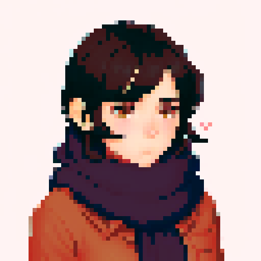 portrait, sprite art, young woman, dark eyes, dark hair, shy girl, awkward, cute, soft eyes, autistic, cozy, scarf, shy, timid, stardew valley
