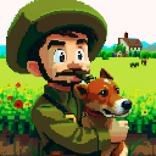 grizzled war veteran, cigar in mouth, grassy hill, jack russell terrier dog, peaceful farming village, pixel art, sRGB